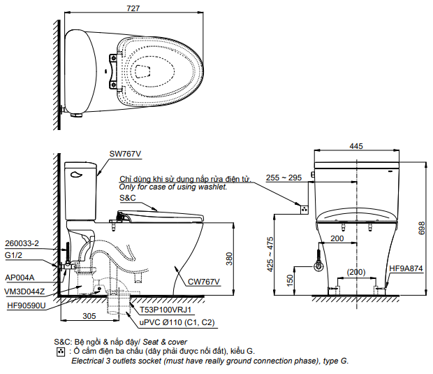 Thông số kỹ thuật của Bàn cầu 2 khối TOTO CS767RT8