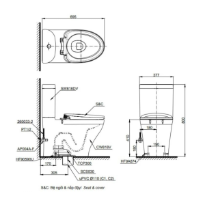 Kích thước bàn cầu 2 khối TOTO CS818DT8