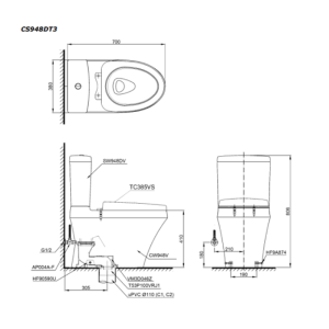 Kích thước bàn cầu TOTO CS948DT8