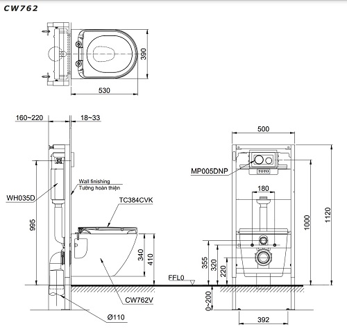 Bản vẽ kỹ thuật của Bàn cầu treo tường TOTO CW762-TC384CVK-WH172A-MB176G