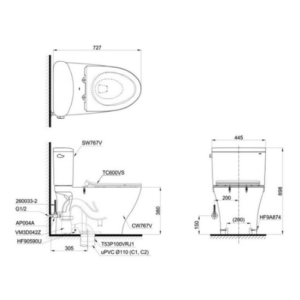 Bản vẽ kỹ thuật của Bàn cầu 2 khối TOTO CS767RT8