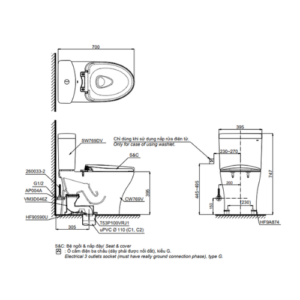 Bản vẽ kỹ thuật của Bàn cầu 2 khối TOTO CS986GT9