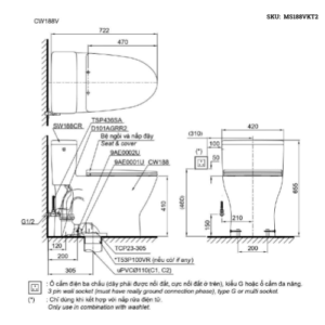 Bản vẽ kỹ thuật của Bàn cầu 1 khối TOTO MS188VKT2