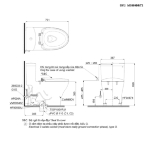 Bản vẽ kỹ thuật của Bàn cầu 1 khối TOTO MS889DRT2