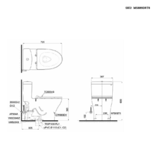 Bản vẽ kỹ thuật của Bàn cầu 1 khối TOTO MS889DRT8