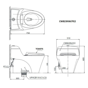 Kích thước bàn cầu 1 khối TOTO CW823NW/FE2