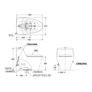 Kích thước bàn cầu 1 khối TOTO CW823RAT2