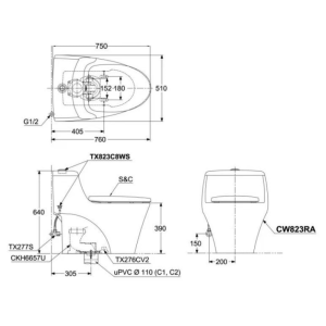 Kích thước bàn cầu 1 khối TOTO CW823RAT8