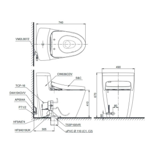 Kích thước bàn cầu 1 khối TOTO MS636DT2