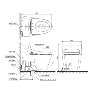 Kích thước bàn cầu 1 khối TOTO MS636DT8