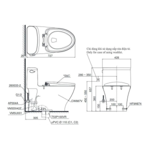 Kích thước bàn cầu 1 khối TOTO MS887RT2