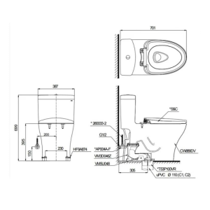 Kích thước bàn cầu 1 khối TOTO MS889DRT2