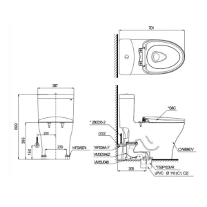 Kích thước bàn cầu 1 khối TOTO MS889DRT8