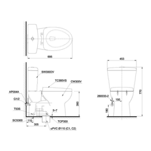 Kích thước bàn cầu 2 khối TOTO CS300DRT3