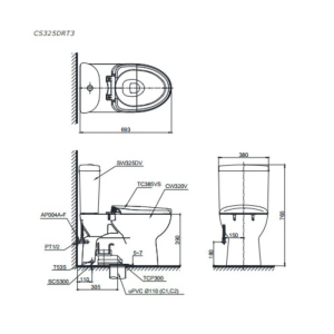 Kích thước bàn cầu 2 khối TOTO CS325DRT3