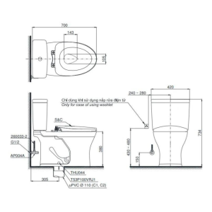 Kích thước bàn cầu 2 khối TOTO CS735DT2