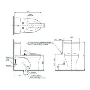 Kích thước bồn cầu 2 khối TOTO CS735DT8