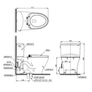 Kích thước bàn cầu 2 khối TOTO CS767RT8