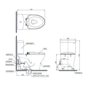 Kích thước bàn cầu 2 khối TOTO CS769DRT3