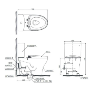 Kích thước bàn cầu 2 khối TOTO CS769DRT8