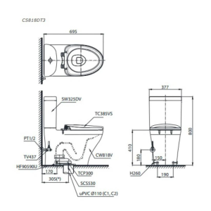 Kích thước bàn cầu 2 khối TOTO CS818DT3