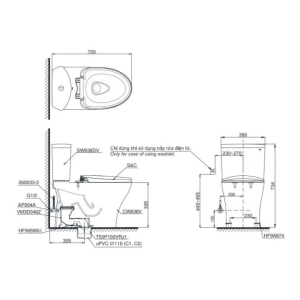 Kích thước bàn cầu 2 khối TOTO CS838DT3