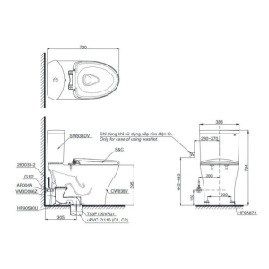 Kích thước bàn cầu 2 khối TOTO CS838DT8