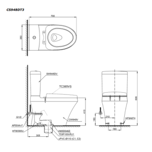 Kích thước bàn cầu 2 khối TOTO CS948DT3