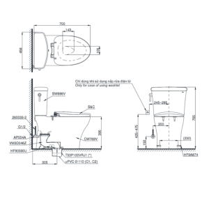 Kích thước bàn cầu 2 khối TOTO CS986GT8