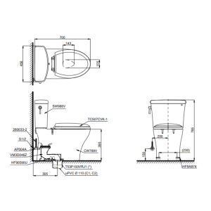 Kích thước bàn cầu 2 khối TOTO CS986GT9