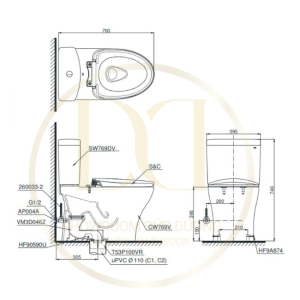 Kích thước bàn cầu TOTO CS769DRE2