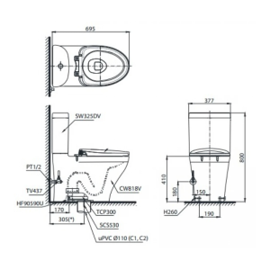 Kích thước bàn cầu TOTO CS818DW7