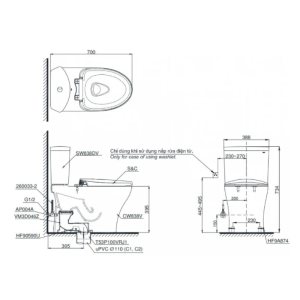 Kích thước của bàn cầu TOTO CS838CDW12