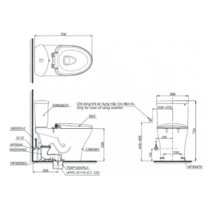 Kích thước bàn cầu TOTO CS838CDW15