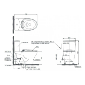 Kích thước bàn cầu TOTO CS838CDW17