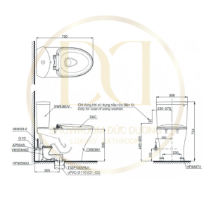 Kích thước bàn cầu TOTO CS838DE2