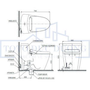 Kích thước bàn cầu TOTO MS636CDRW12