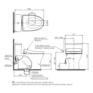 Kích thước bàn cầu TOTO MS855CDW15