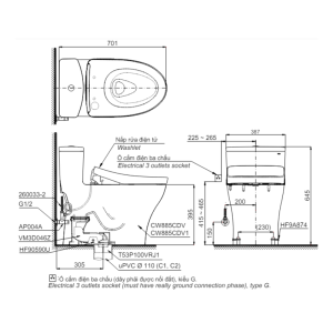 Kích thước bàn cầu TOTO MS885CDW15