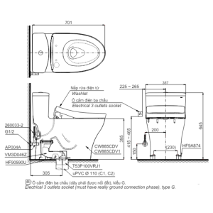 Kích thước bàn cầu TOTO MS885CDW17