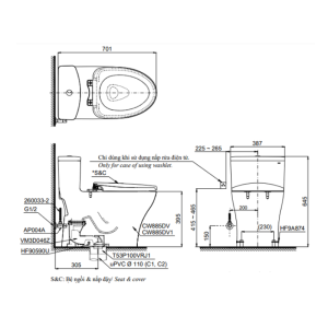 Kích thước bàn cầu 1 khối TOTO MS885DT8