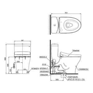 Kích thước bàn cầu TOTO MS887CRW15