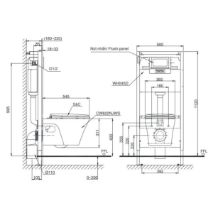 Kích thước bàn cầu treo tường TOTO CW822RA/TC385VS