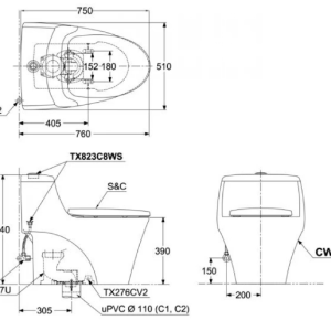 Kích thước bàn cầu TOTO CW823RAE4