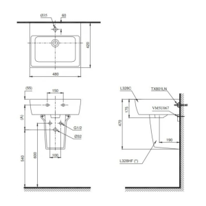 Kích thước chậu treo tường chân lửng TOTO LHT328C