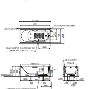 Thông số kỹ thuật của bồn tắm nhựa PAY1710V TVBF411