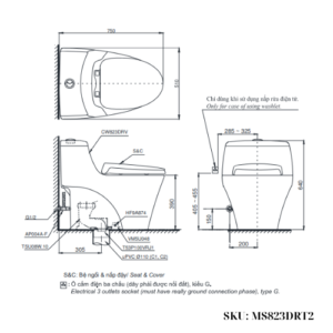 Bản vẽ kỹ thuật của Bàn cầu 1 khối TOTO MS823DRT2