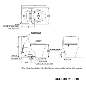 Bản vẽ kỹ thuật của Bàn cầu 1 khối TOTO MS823DRT8