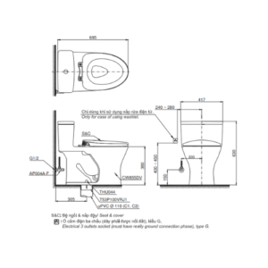 Bản vẽ kỹ thuật của Bàn cầu 1 khối TOTO MS855DT2