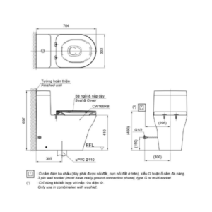 Bản vẽ kỹ thuật của Bàn cầu 1 khối TOTO CW166RB